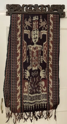 £50 • Buy Balinese Indonesian Wooden Carved Wall Hanging & Brown Black Cream Fabric Panel