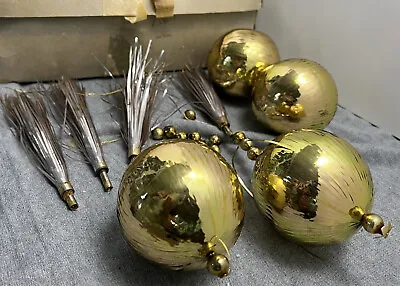 Vintage Set Of 4 MCM Gold Tinsel Wrapped Christmas Ornaments With Tassels In Box • $24.95