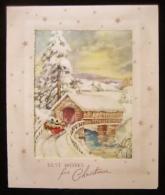 Vintage Christmas Greeting Card Horse Drawn Sleigh At Covered Bridge-Cut Out Cd  • $2.99