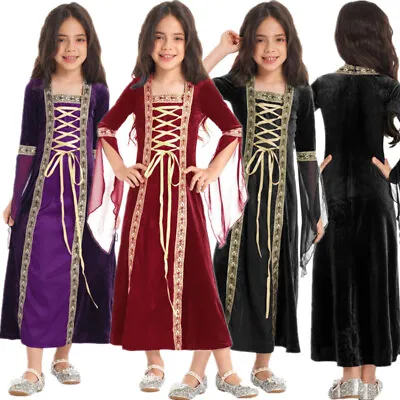 IEFiE Girls Medieval Princess Party Maxi Dress Lace-up Halloween Cosplay Costume • $32.18