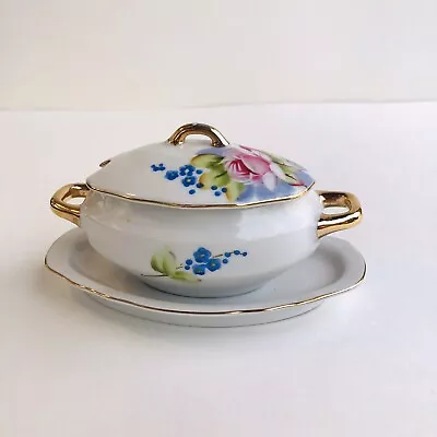 VTG Handpainted Floral Lefton Jam/jelly Pot With Handles Lid And Underplate • $5