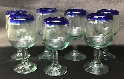 Hand-blown Mexican Glass Goblets Colbalt Blue Rim Party Ready/Set Of 6  7  High • $45