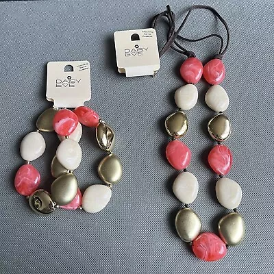 Daisy & Eve Bracelet And Necklace Set Generous Fit Goldtone Cream And Coral Pink • £9