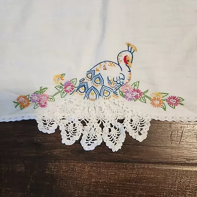 Vintage CROCHETED & EMBROIDERED Floral Peacock Linen Cottage Core Pillowcase Set • $25