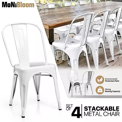 White[4 PACK STACKABLE METAL SIDE CHAIR SET]Canteen Bar Pub Restaurant Iron Seat • $141.99