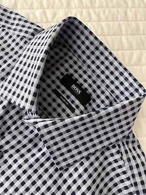 Hugo Boss LS Light Blue & Black Check Dress Shirt 15 1/2 32/33 Sharp Fit • $24.99