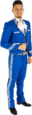 Men 2Pc Suit Blue Cotton Mariachi Embroidered Jacket & Pant Men's Designer Suits • $684.09