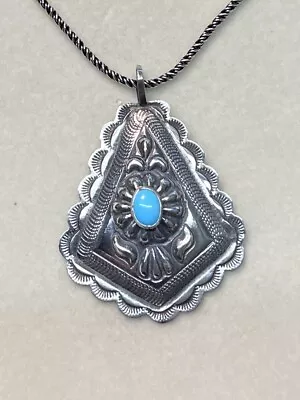 Navajo Terry Charlie Sterling Silver Concho Pendant W/ Turquoise On 18  Chain • £71.25