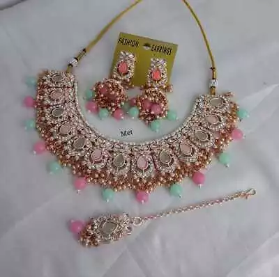 Indian Bollywood Kundan Pearl Gold Plated Pink Mint Choker Necklace Jewelry Set • $20.77