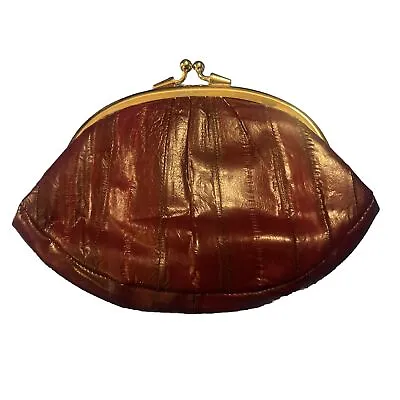 Vintage Genuine EEL Skin Change Coin Purse Burgundy Made In Korea Kiss Lock • $19.99