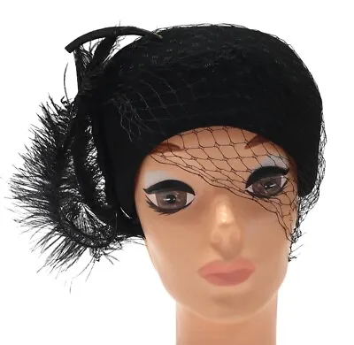 50s Screen Vogue Original Hat Black Fur Felt Feathers Net Veil Mourning Vintage • $64