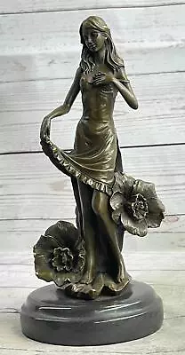 Handmade Bronze Statue Signed Moreau Lily Girl With Flower Deco Figurine Artwork • $199