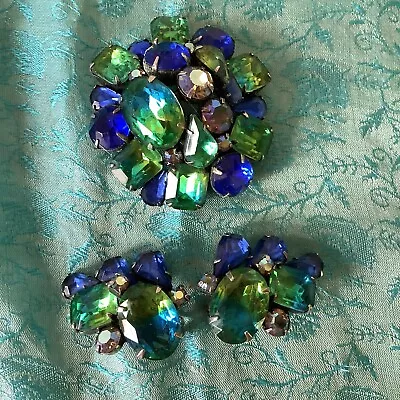 Vintage Kramer Brooch And Earrings~Vitrail Givre Glass~ Blue & Green Rhinestones • $145