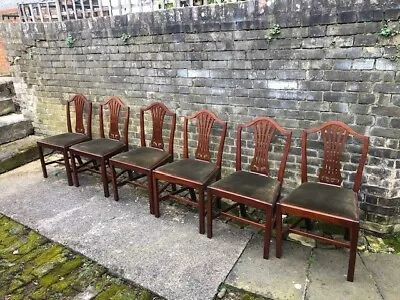 Set Of 6 Sheraton Style Antique Mahogany Upholstered Dining Chairs • £245