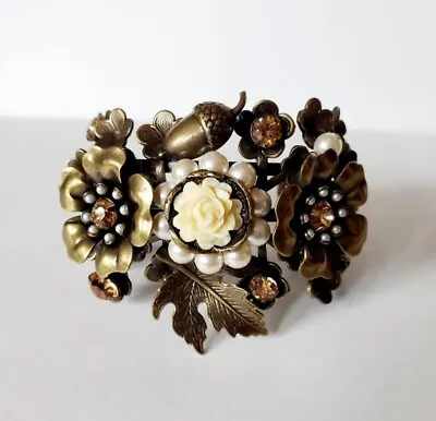 Vintage Mary Demarco Faux Pearls & Flowers Acorn Ornate Fall Cuff Bracelet • $48