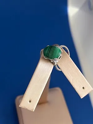 Oval Green Malachite Rhodium 925 Sterling Silver Solitaire Ring • $24