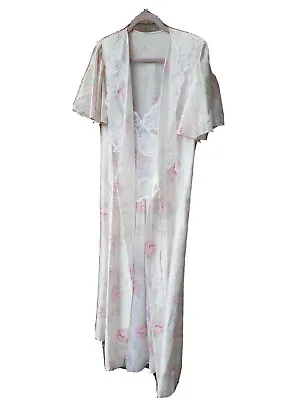 VTG 80s Val Mode Sz L Floral Peignoir Set Shiny Satin Nylon Lace Gown Robe USA • $69.50