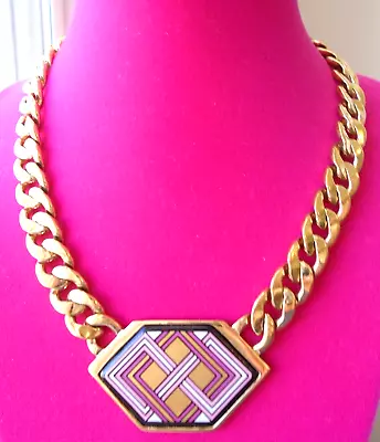 Vintage Sign Michaela Frey Team Enamel Interlocking Geometric Gold Tone Necklace • $75