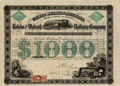 Toledo And Wabash Railway Co. - 1862 Dated $1000 Railroad Bond - Railroad Bonds • $305