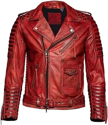 Men's Red Distressed Lambskin Leather Quilted Jacket Motorcycle Biker Coat • $112.36