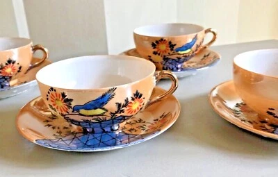 £34.99 • Buy Vintage Japanese Bone China Tea Set Hand Painted Beige & Blue Lustre 10 Pieces