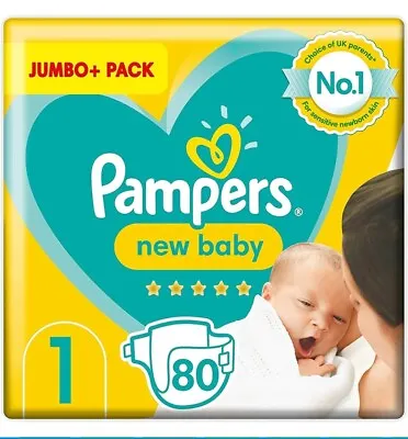 2xPampers New Baby Size 1 Nappies Jumbo 80 Pack - Quick Dry Core & Soft Comfort • £33.99