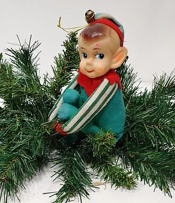 Vintage Christmas Pixie Elf Knee Hugger Green White Striped 6 In. Japan • $29.95