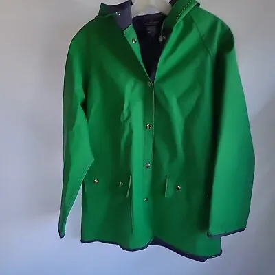 Large - LADY VAN HEUSEN - Green Vinyl Rain Coat With Blue Liner Pockets • $19.99