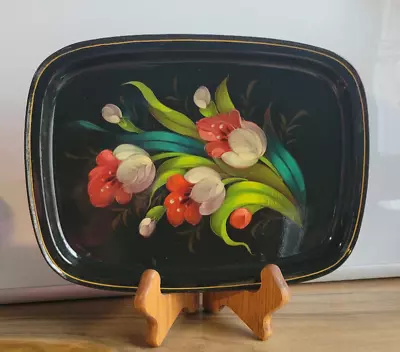 Two Vintage Russian Toleware Metal Tray Hand Painted Floral On Black Signed • $24.99