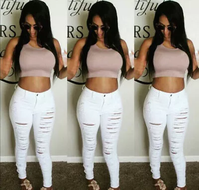£11.99 • Buy Womens Ripped Knee Cut Jeans Slim Fit Legging Ladies Skinny Denim Sizes 8-16