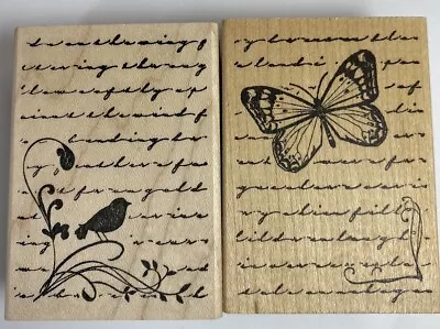 Memory Box Butterfly & Bird Collage LOT Of 2 Script Writing Rubber Stamps • $5.88