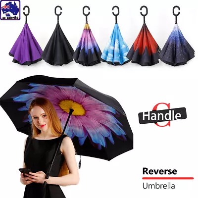 Windproof Upside Down Reverse Umbrella Layer Inside-Out Inverted C-Handle ORU202 • $18.61