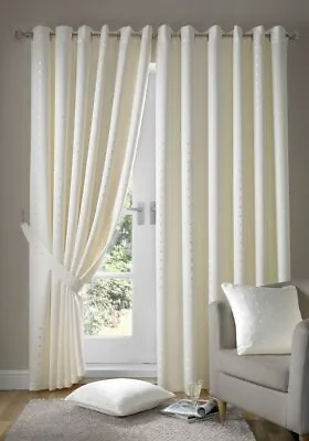 Cream Madison Dobby Fabric Squares Lined Eyelet Ring Top Curtains Pair • £40.99