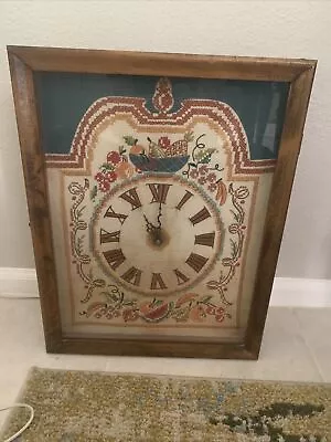 Vtg Needlework Clock Wall Mantel  Wood Case Fruit Large 17x13 Embroidery • $25.50