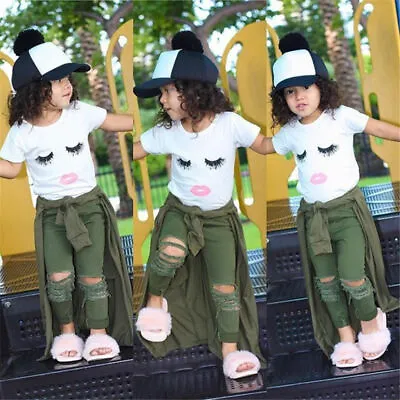 2PCS Toddler Baby Girl Outfits T-shirt Tops+ Hole Pants Kids Clothes Set • $27.49