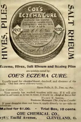 1896 Coe's Eczema Tin Art Medicine Quackery Cleveland Ohio Vintage Print Ad • $17.99