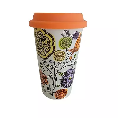 Thermal Travel Mug With Silicone Lid 8 Oz Floral And Owls Design • £12.91