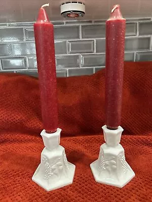 Westmoreland 2  Milk Glass Hexagon Candle Holders Grape Pattern 5.5”T X 3.5”W • $12.99