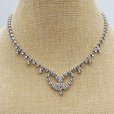 Vintage Necklace Rhinestone Crystal Pendant Silver Tone 14  Costume Jewelry • $11.99