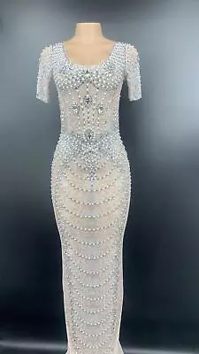 2023 New Shiny Silver Stone Pearl Mesh Long Dress Dress Ball Dance Dress • $278.27