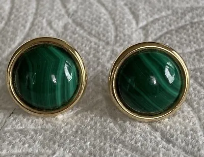 Estate Malachite Cabochon Stud Earrings 14K Yellow Gold 15mm 3.62 Grams • $65