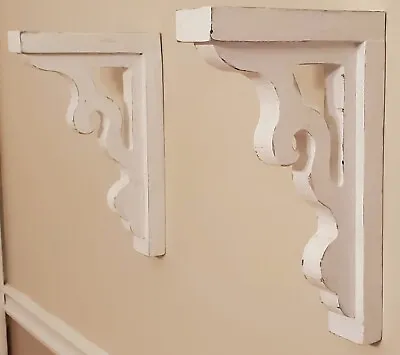 Pair Of Distressed White Wood Corbels Shelf Brackets Rustic Farmhouse VSB007 • $36.99