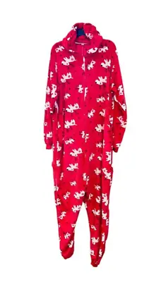 Reindeer Print One Piece PJ Men Size XL Christmas Red Hooded Flannel Drop Seat • $21.64