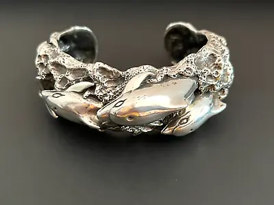 Vintage Kabana Sterling Silver Heavy Cuff Bracelet Dolphins 120g • $445