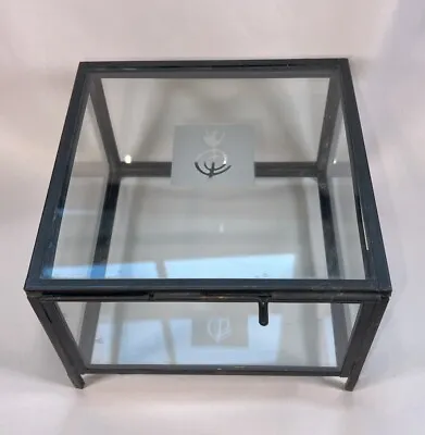 VTG Black Metal Glass Display Box Jewelry Case Hinged Top Lid Etched 6.5” • $25
