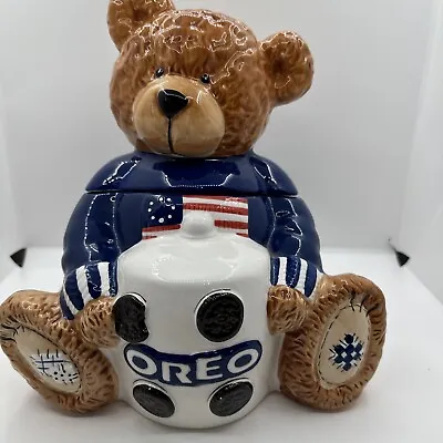 Vintage Oreo Bear Cookie Jar Large Ceramic USA American Flag Brown Teddy In Blue • $30