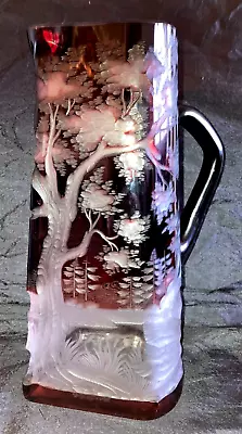 $85 • Buy Antique 19th C. German Ruby Red Cased Glass Deeply Hand Cut Forest Scene Pitcher