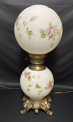 Vintage Hand Painted Milk Glass Hurricane Lamp 3way Dble Lighted Brass Base GWTW • $149