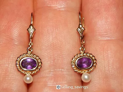 10k Yellow Gold Amethyst & Pearl Byzantine Leverback 1.2 Inch Drop Earrings • $225