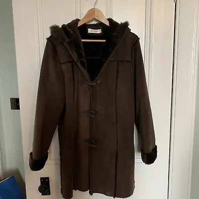 Brown Berkertex Duffle Coat With Hood Size 14 Faux Sheepskin Fur Lined • £8.99